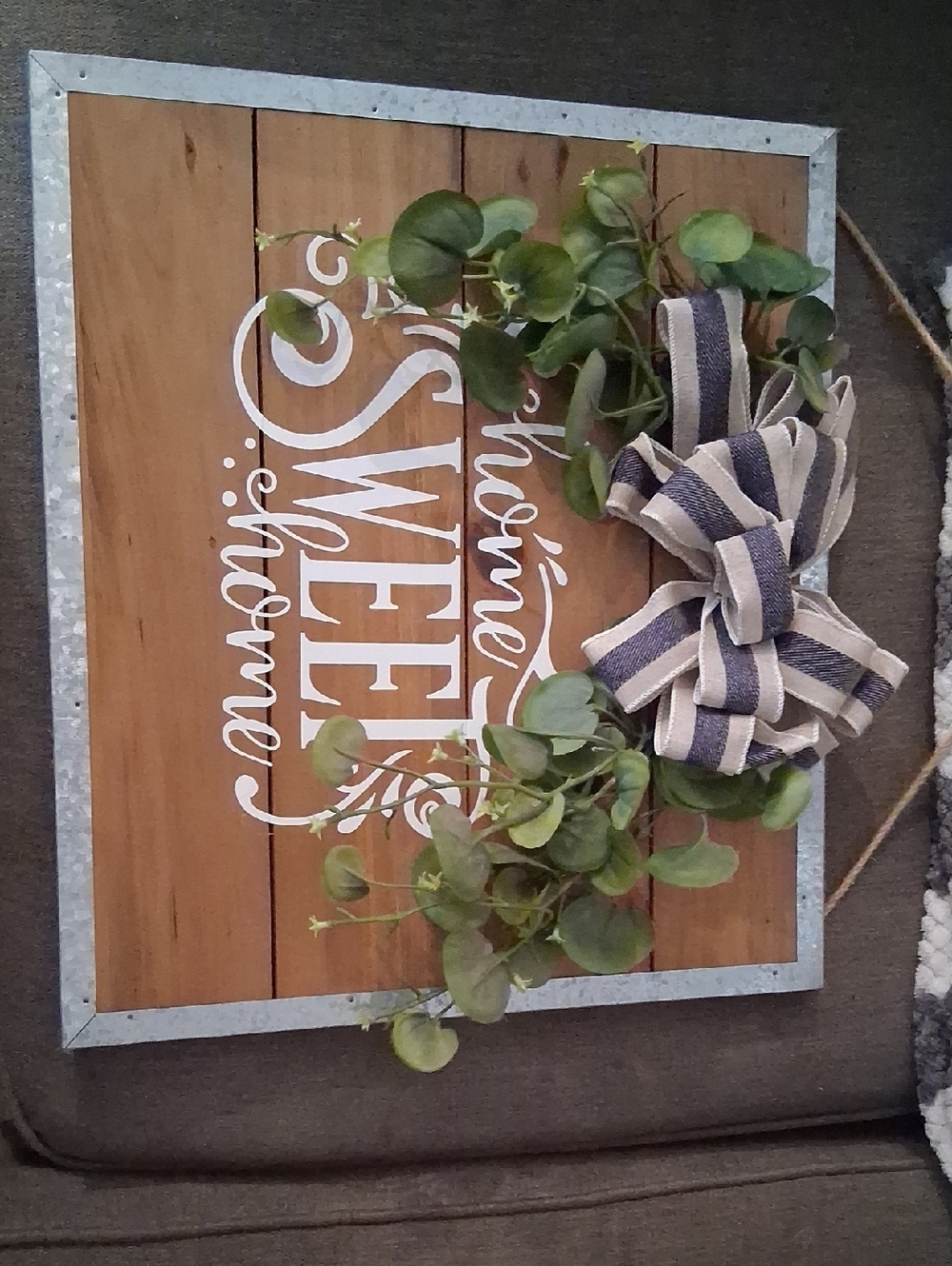 Home Sweet Home Wood Wall Sign with Greenery and Striped Bow